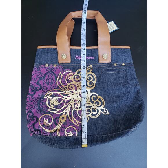 BBW Dark Denim Blue Jean Fabric w. Leather Straps Over The Shoulder Hobo Purse - Picture 4 of 6
